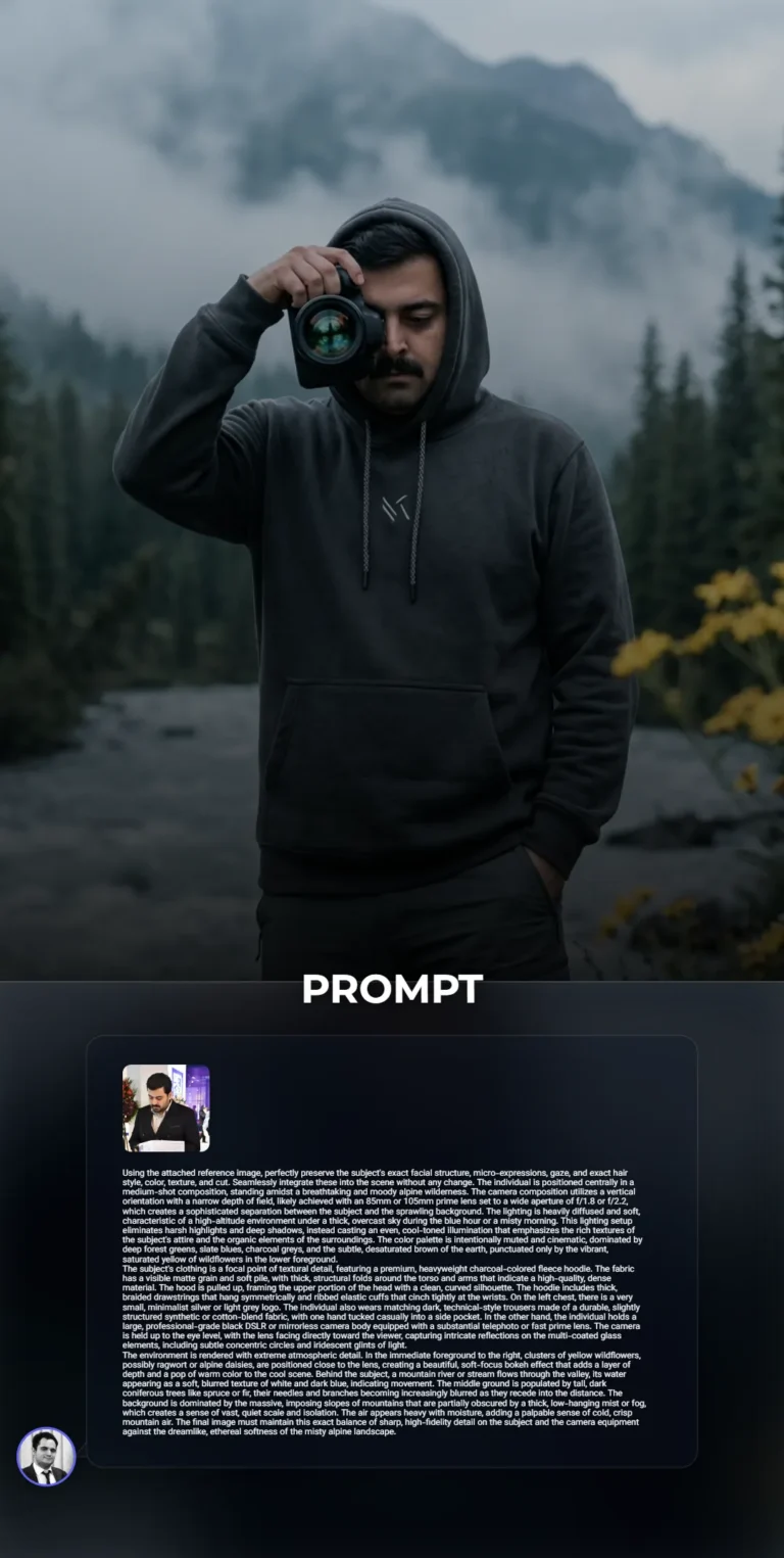 A professional photographer holding a DSLR camera in a misty alpine landscape, wearing a premium charcoal fleece hoodie surrounded by wildflowers. High-fidelity portrait featuring cinematic lighting and soft mountain bokeh.