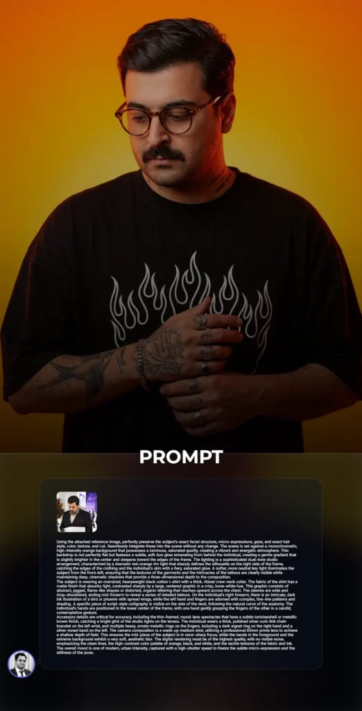 A high-contrast studio portrait of a man with intricate tattoos and round glasses, wearing an oversized black graphic tee against a luminous, vibrant orange background.