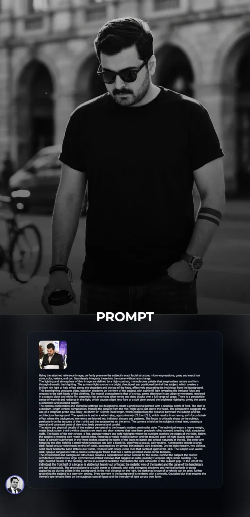 A high-contrast black and white vertical portrait of a person in a minimalist black t-shirt and sunglasses, featuring dramatic backlighting and a soft bokeh urban background. The image showcases professional rim lighting and a cinematic shallow depth of field.