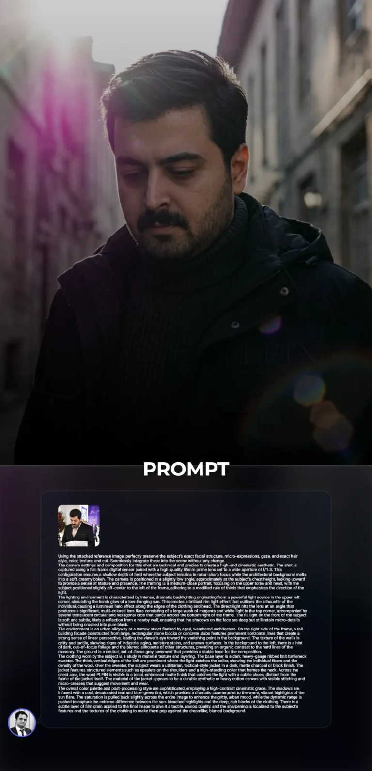 A cinematic medium-close portrait of a subject in a tactical jacket, featuring intense sun backlighting, magenta lens flares, and a blurred urban alleyway background.