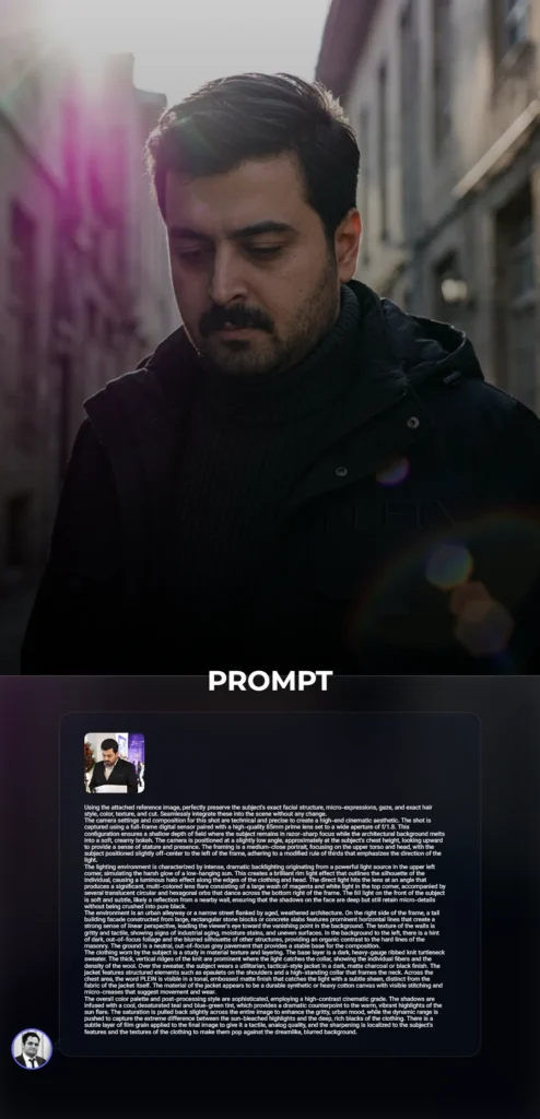 A cinematic medium-close portrait of a subject in a tactical jacket, featuring intense sun backlighting, magenta lens flares, and a blurred urban alleyway background.