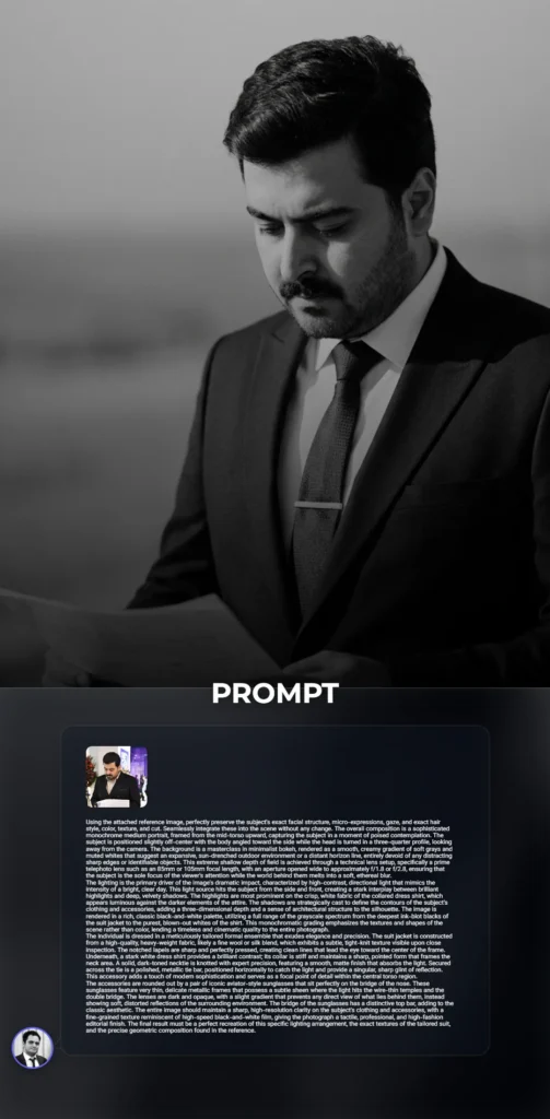A cinematic black and white medium portrait of a person in a sharp tailored suit and aviator sunglasses, featuring high-contrast lighting and a creamy bokeh background.