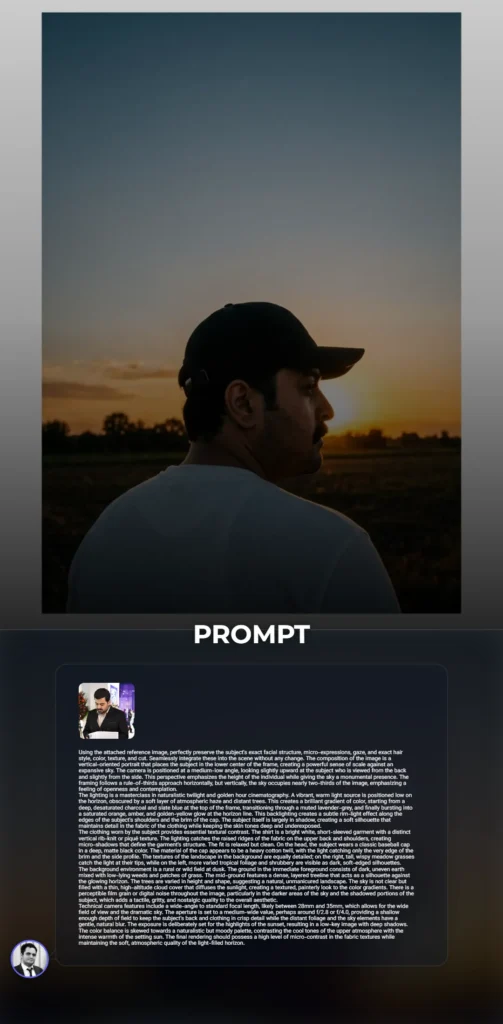A cinematic vertical portrait of a person in a white ribbed shirt and black cap, viewed from behind against a vibrant orange and charcoal twilight sky.
