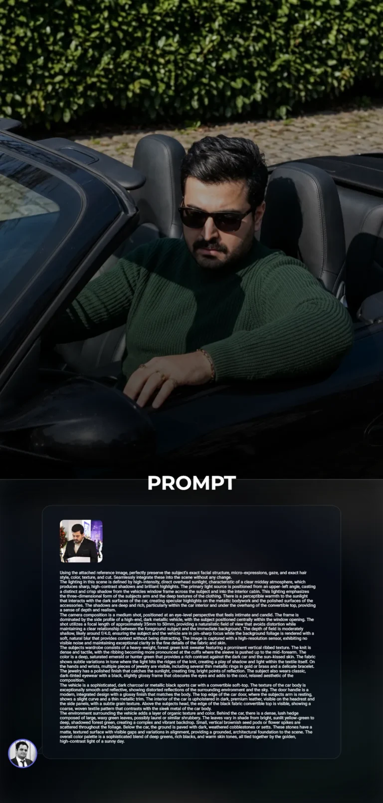A detailed portrait of a subject in a forest green ribbed sweater inside a sleek black convertible under bright midday sun. The scene features sharp shadows and a lush green background.