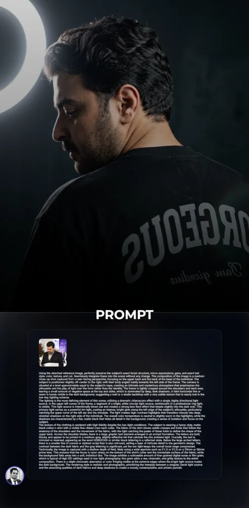 A dramatic low-key portrait from a rear-facing perspective featuring a subject in a black shirt with mirrored text under intense rim lighting. The composition uses high-contrast shadows and lens flare to create a mysterious, cinematic atmosphere.