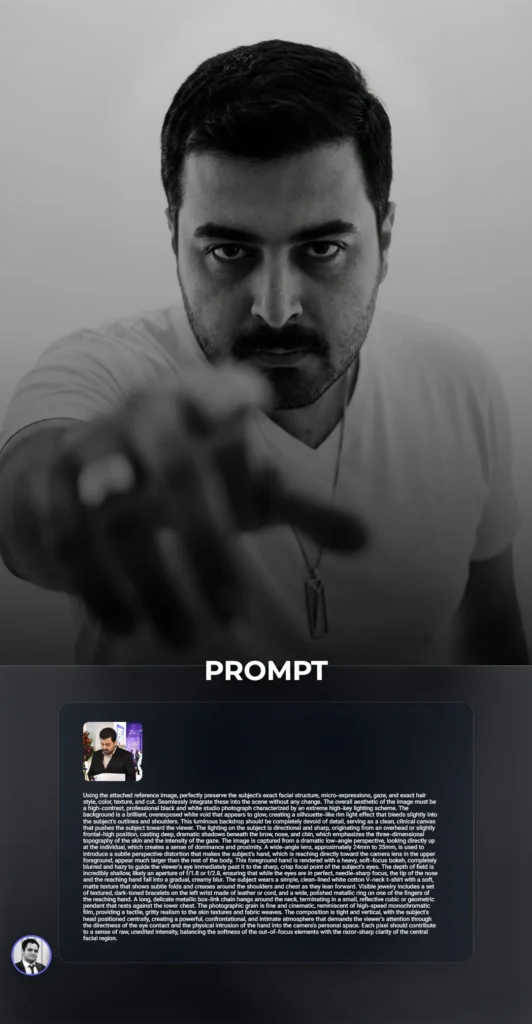 A dramatic high-contrast black and white studio portrait from a low angle, featuring a subject reaching toward the camera with a soft-focus bokeh hand and sharp, intense eyes.