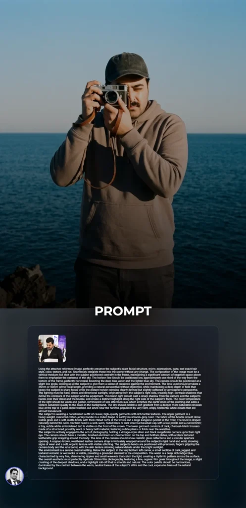 A highly detailed 35mm film-style portrait of a photographer holding a vintage rangefinder camera against a deep blue ocean and golden hour sky.