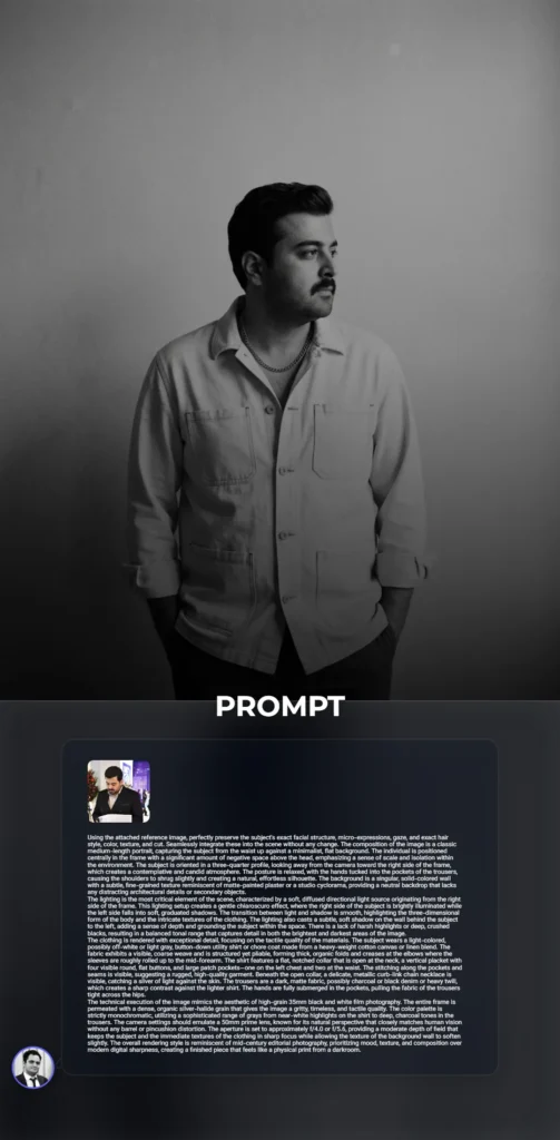 A high-grain 35mm black and white portrait of a person in a utility shirt against a textured minimalist background. The lighting features soft directional chiaroscuro, highlighting the subject's contemplative profile and detailed clothing textures.