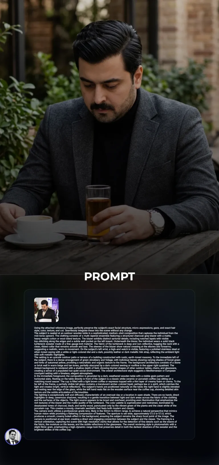 A professional portrait of a person wearing a charcoal blazer and black turtleneck at an upscale outdoor café. The setting features rustic masonry, lush greenery, and a shallow depth of field.