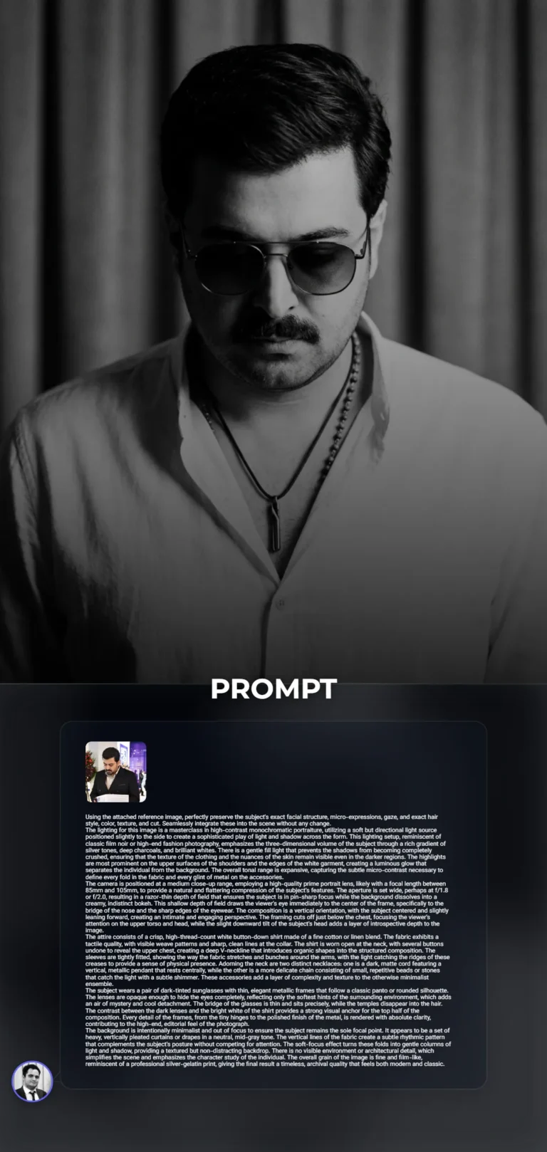 A sophisticated monochromatic portrait of a subject in a crisp white linen shirt and dark-tinted sunglasses, featuring dramatic film noir lighting and a soft bokeh background.