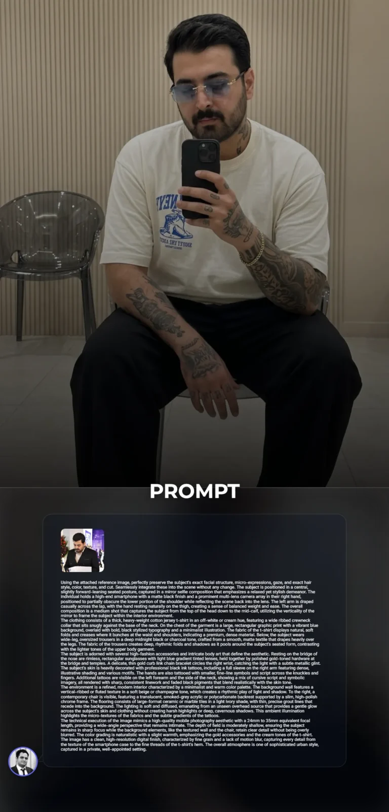 A high-fashion mirror selfie of a person in a heavy-weight graphic t-shirt and wide-leg trousers within a minimalist, modern interior.