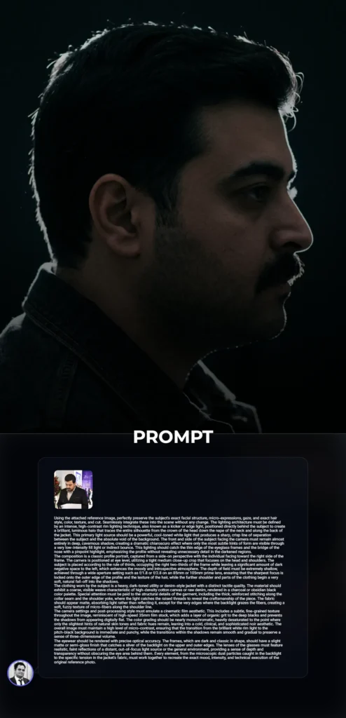A dramatic profile portrait featuring intense white rim lighting against a pitch-black background, highlighting facial contours and denim jacket textures in a cinematic noir style.
