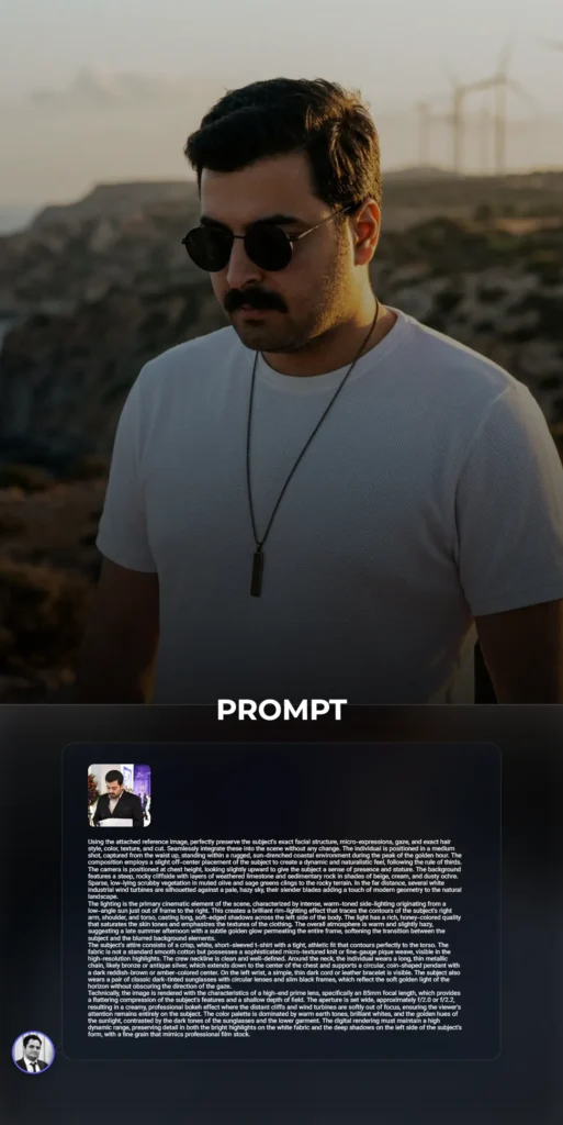 A cinematic medium shot of a man in a white t-shirt standing against rugged coastal cliffs at golden hour. The warm sunlight creates a stunning rim-lighting effect and soft bokeh wind turbines in the background.