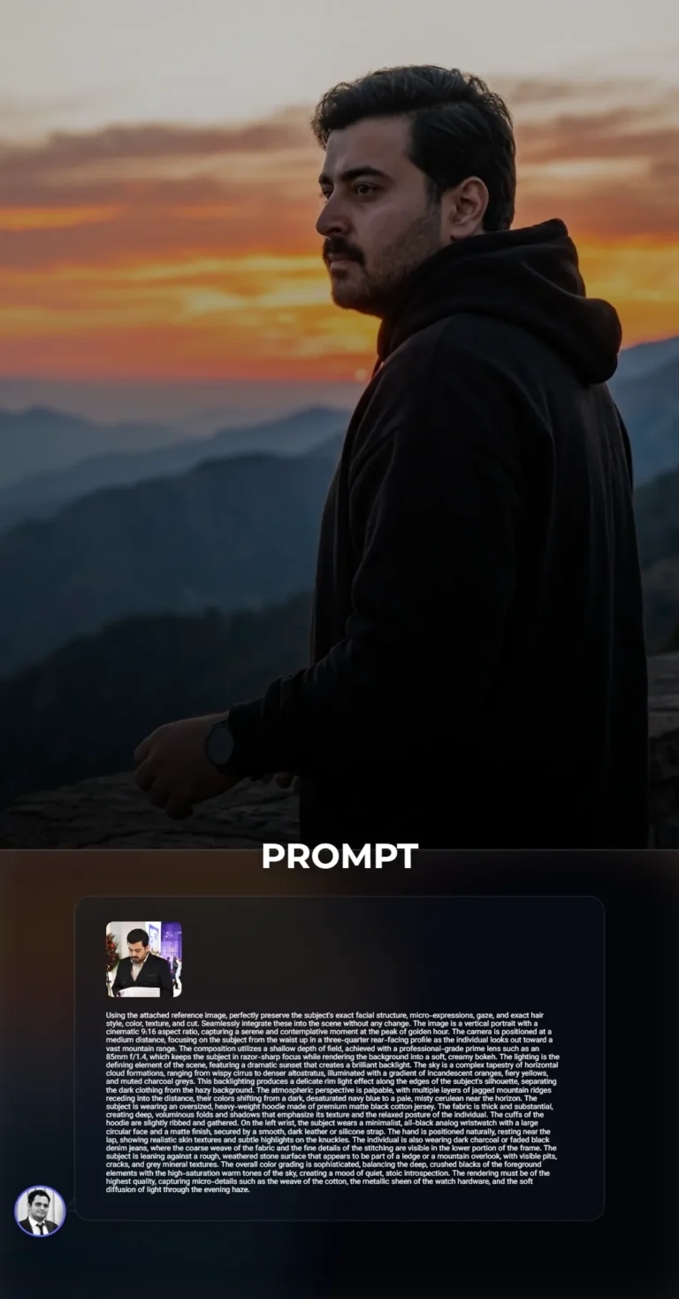 A cinematic vertical portrait of a person in a matte black hoodie looking out over a layered mountain range during a vibrant golden hour sunset with soft bokeh.