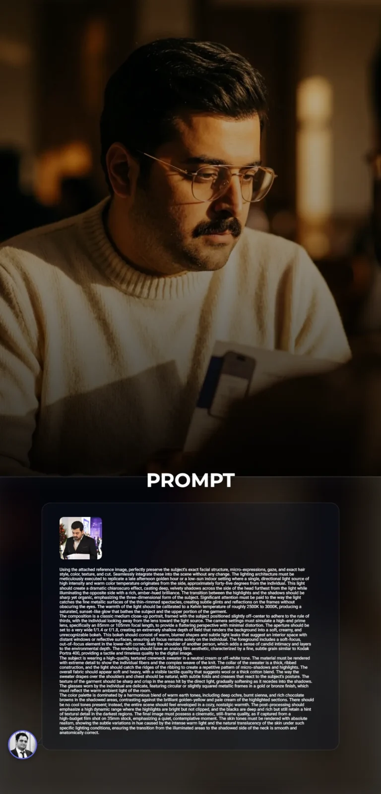 A hyper-realistic medium close-up portrait featuring dramatic golden hour side-lighting, a textured cream knit sweater, and a soft bokeh background with a 35mm film grain.