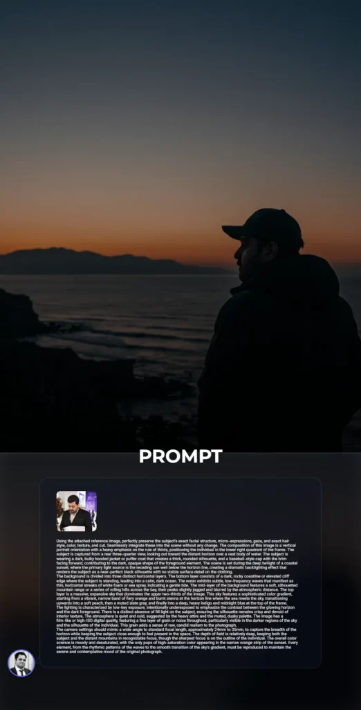 A serene silhouette of a person in a puffer jacket looking over a coastal sunset horizon with a fiery orange and indigo sky gradient.