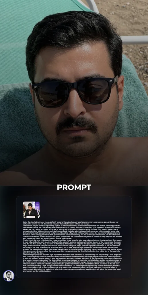 A hyper-realistic high-angle selfie of a subject on a beach lounger, featuring sharp skin textures, black Wayfarer sunglasses, and detailed terry cloth textures under harsh sun.