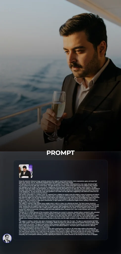 A cinematic medium close-up of a tattooed man holding a champagne flute on a luxury yacht at golden hour, featuring hyper-realistic skin textures and ocean bokeh.