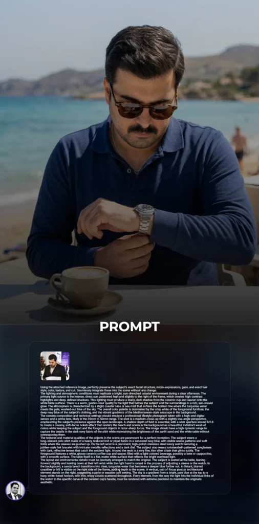 A man in a navy piqué polo shirt sitting at a white table on a sun-drenched Mediterranean coast, checking a luxury watch against a turquoise ocean background.