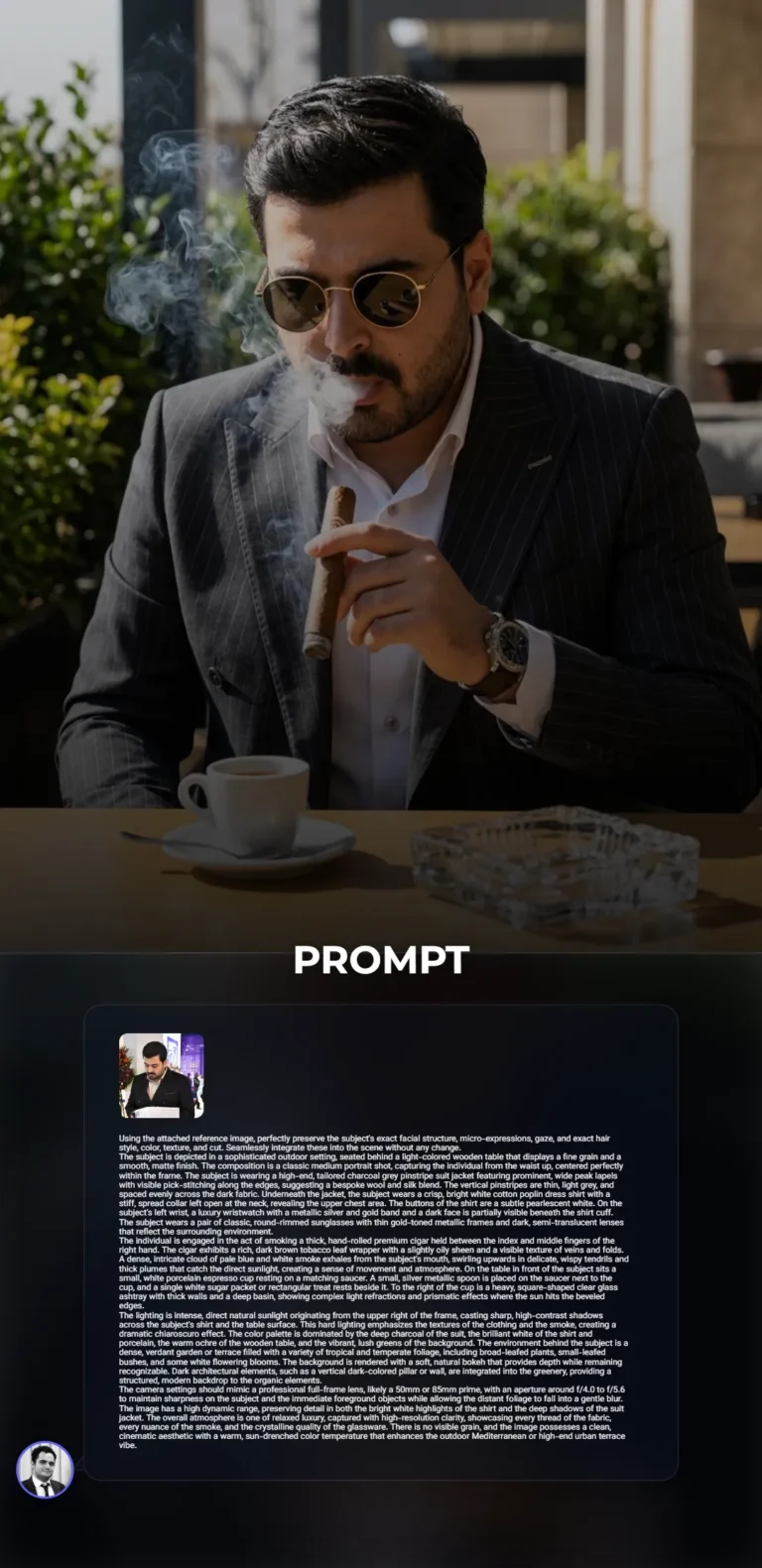 A high-fashion cinematic portrait of a man in a charcoal pinstripe suit smoking a premium cigar at a sun-drenched garden terrace. The scene features intense natural lighting, an espresso cup, and lush greenery.