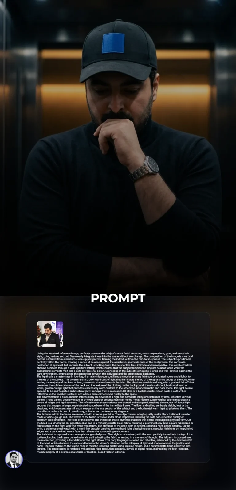 A dramatic low-key portrait of a subject in a black turtleneck and cap, featuring sharp chiaroscuro lighting and a sleek modern architectural background with warm bokeh.