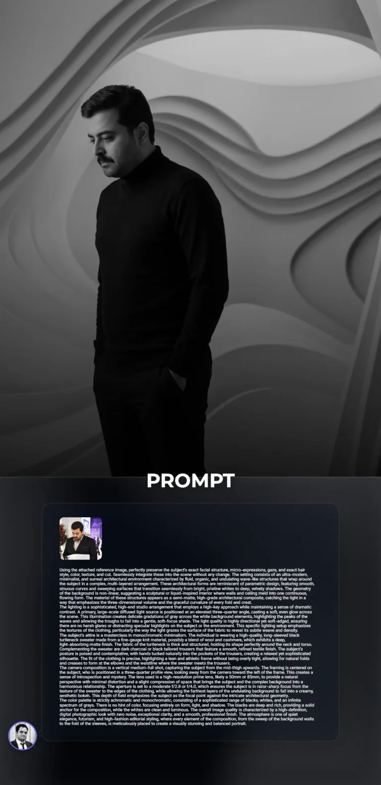 A sophisticated black-and-white portrait of a man in a black turtleneck standing against a surreal wave-like architectural background with dramatic studio lighting.