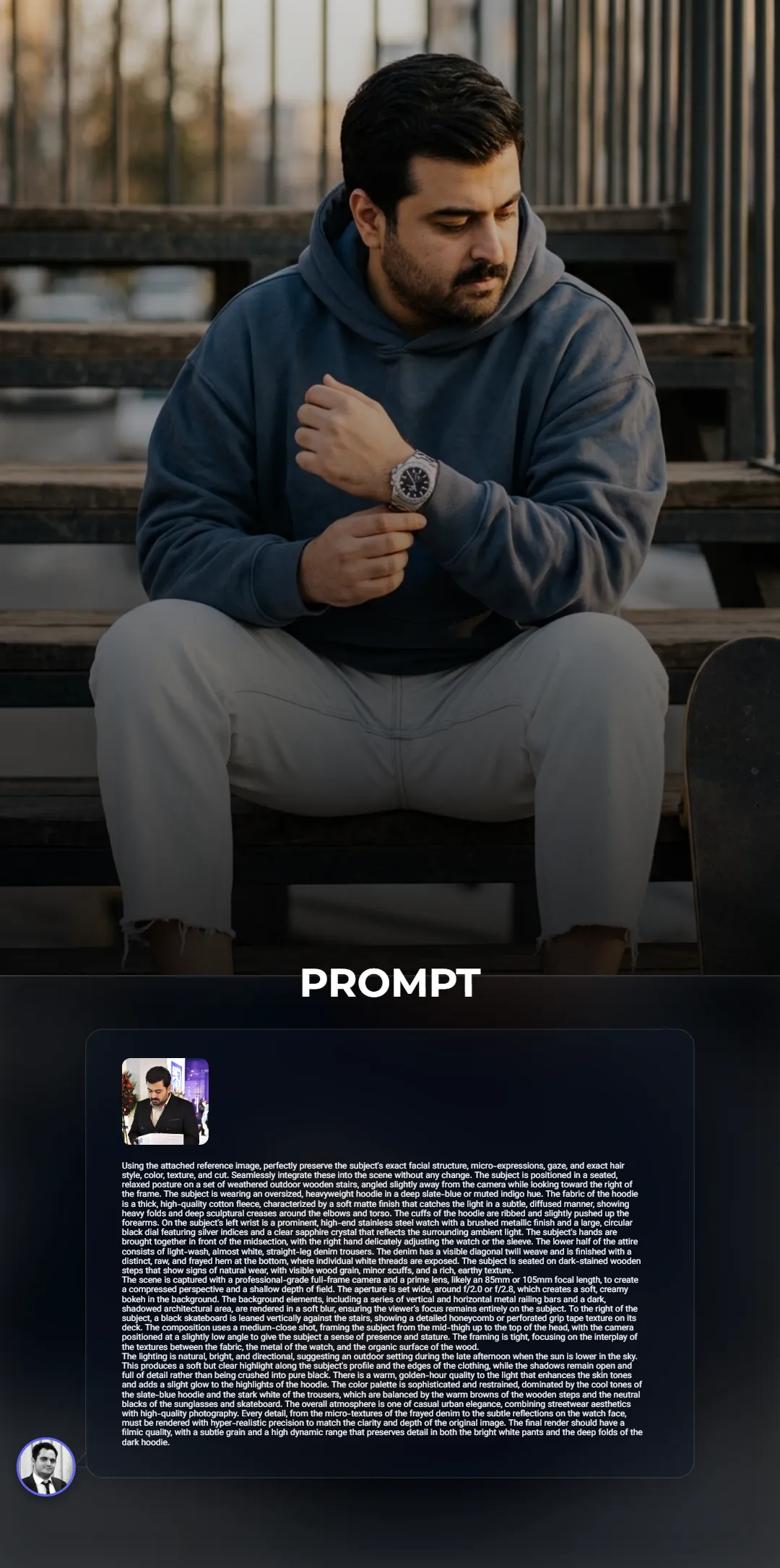 A high-fidelity urban portrait of a person in a slate-blue hoodie and frayed white denim seated on weathered wooden stairs during golden hour.