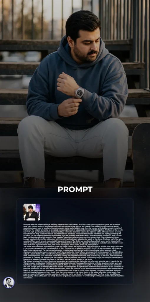 A high-fidelity urban portrait of a person in a slate-blue hoodie and frayed white denim seated on weathered wooden stairs during golden hour.