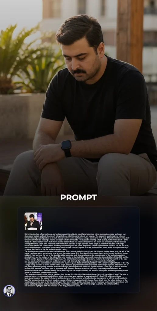 A hyper-realistic cinematic portrait of a man in a black t-shirt and khaki trousers seated on a wooden bench during golden hour with a lush bokeh background.