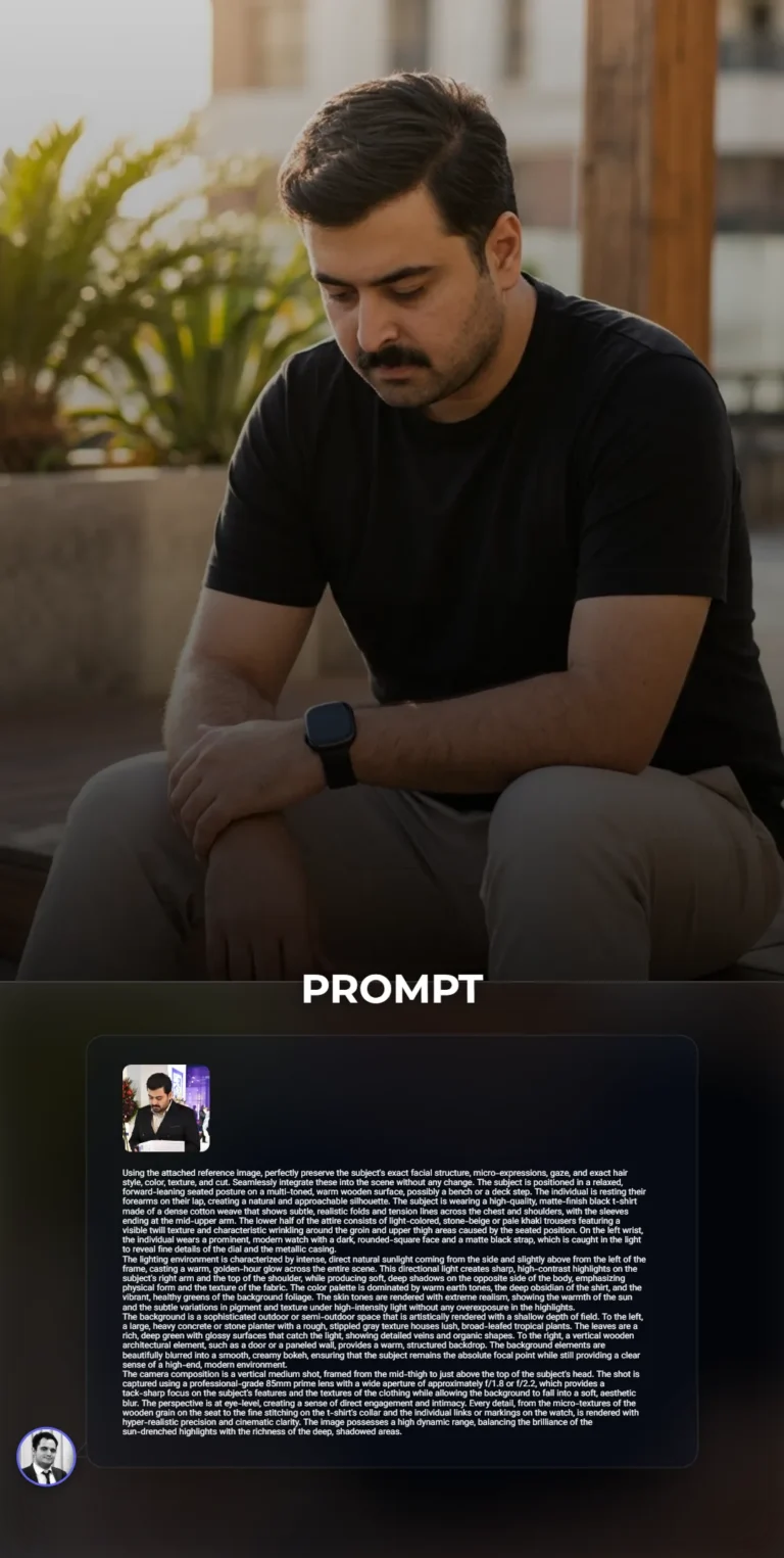 A hyper-realistic cinematic portrait of a man in a black t-shirt and khaki trousers seated on a wooden bench during golden hour with a lush bokeh background.