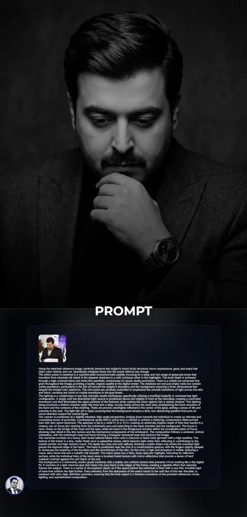A dramatic high-contrast black and white studio portrait featuring a subject in a tailored blazer with sharp focus on the eyes and a luxury wristwatch. The image uses sophisticated low-key lighting to create a moody, high-fashion aesthetic.