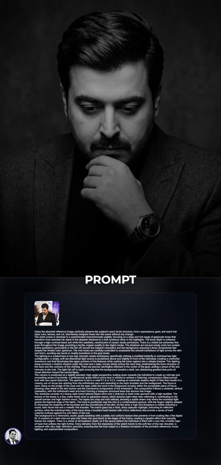 A dramatic high-contrast black and white studio portrait featuring a subject in a tailored blazer with sharp focus on the eyes and a luxury wristwatch. The image uses sophisticated low-key lighting to create a moody, high-fashion aesthetic.
