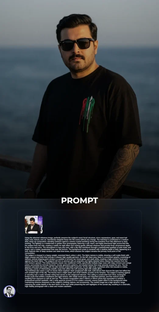 A high-fidelity cinematic portrait of a man in an oversized black graphic t-shirt standing by a coastal railing during golden hour, featuring a detailed rose tattoo sleeve.