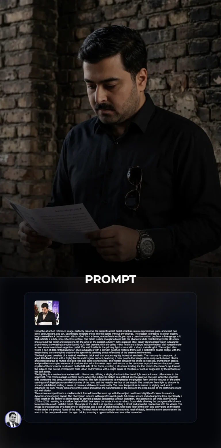 A high-contrast cinematic portrait of a man wearing a luxury chronograph watch and navigator sunglasses against a weathered industrial brick wall. The image features dramatic chiaroscuro lighting and hyper-realistic textures in a medium-shot composition.