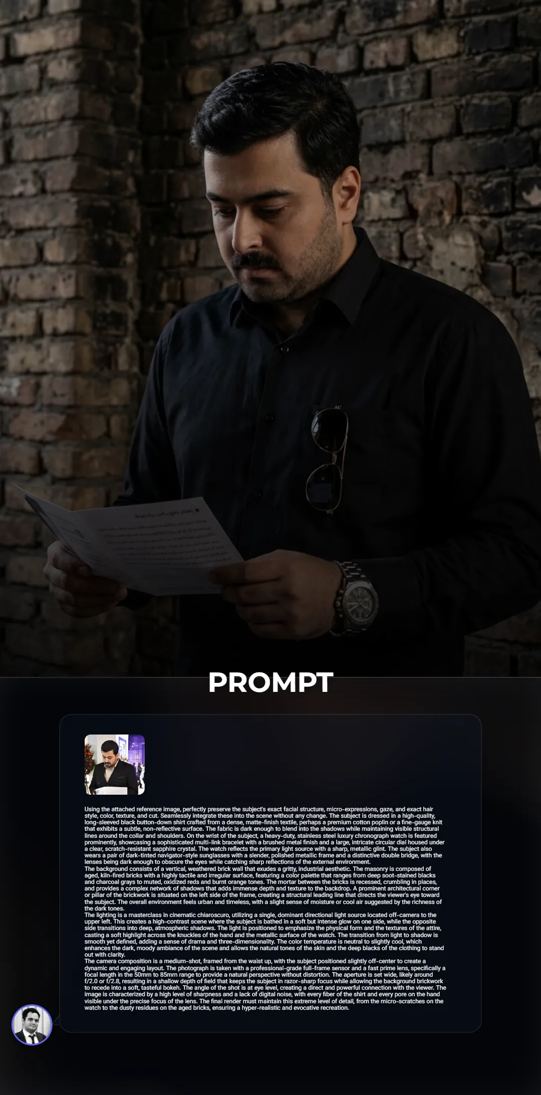 A high-contrast cinematic portrait of a man wearing a luxury chronograph watch and navigator sunglasses against a weathered industrial brick wall. The image features dramatic chiaroscuro lighting and hyper-realistic textures in a medium-shot composition.