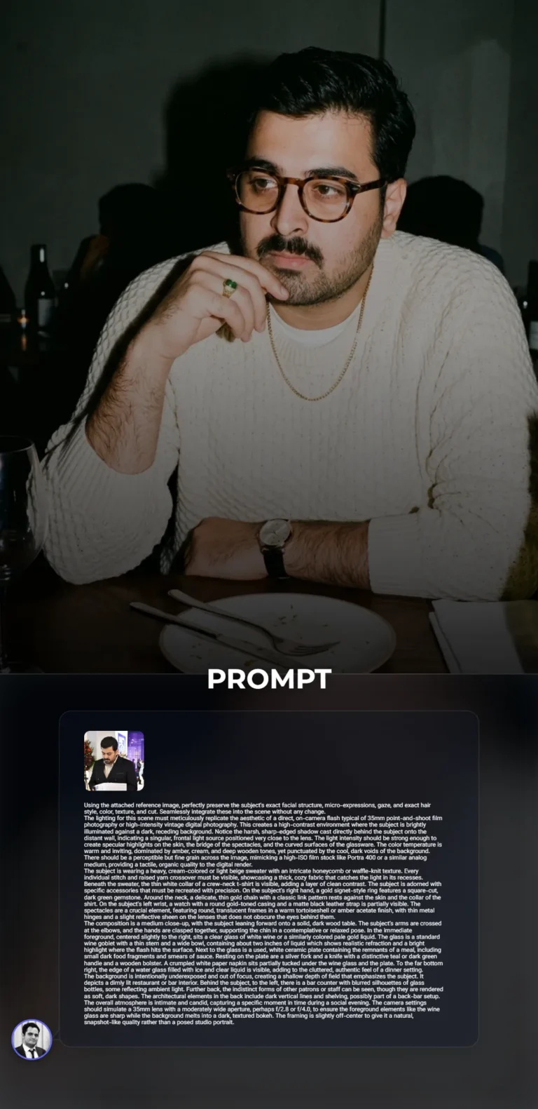 A hyper-realistic candid portrait of a man in a cream honeycomb sweater sitting at a dimly lit restaurant table, captured with high-contrast 35mm on-camera flash lighting.